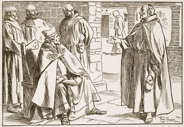 Bischof Dagan diskutierte mit Laurence die Unterschiede zwischen römischen und keltischen Kommunionen, Illustration aus 